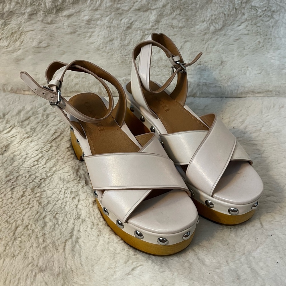 Coach Cream and Tan Mules with Silver Accents